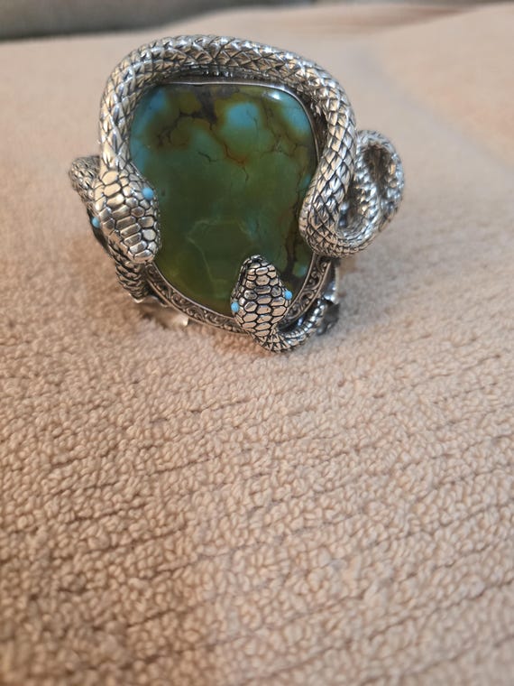 Sterling Silver Two Snake Turquoise Cuff Bracelet… - image 8