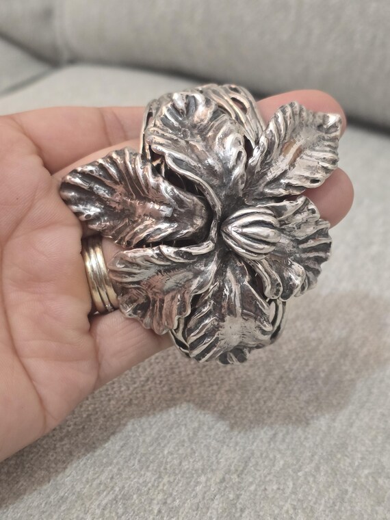 Sterling Silver Flower Cuff Bracelet: Heavyweight… - image 7