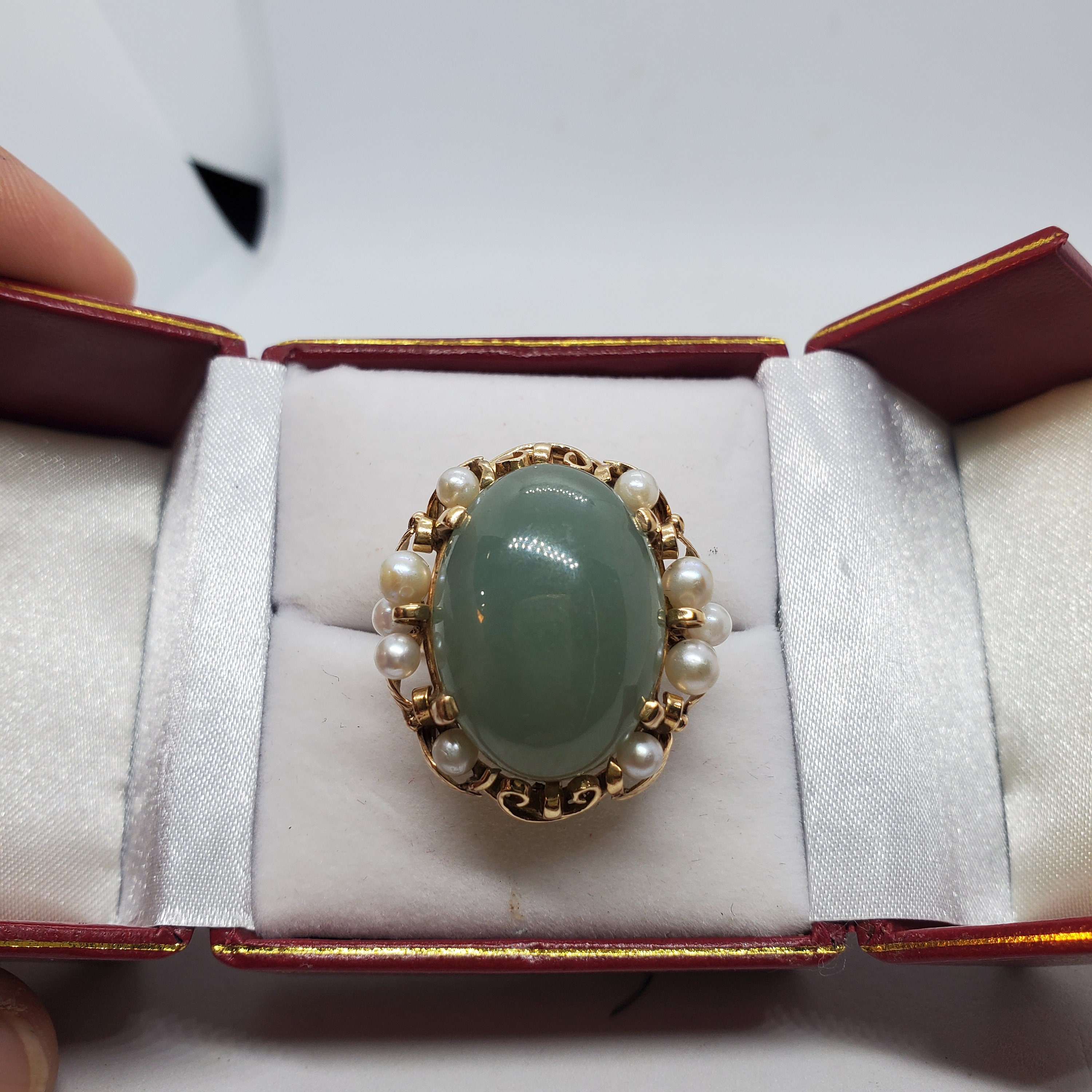 Ming s 14k Solid Gold Jade and Pearl Large Ring Gift for Her