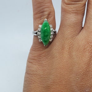 14k solid white gold  natural apple green marquise shape jadeite and diamond ring/ gift for her/ with certificate