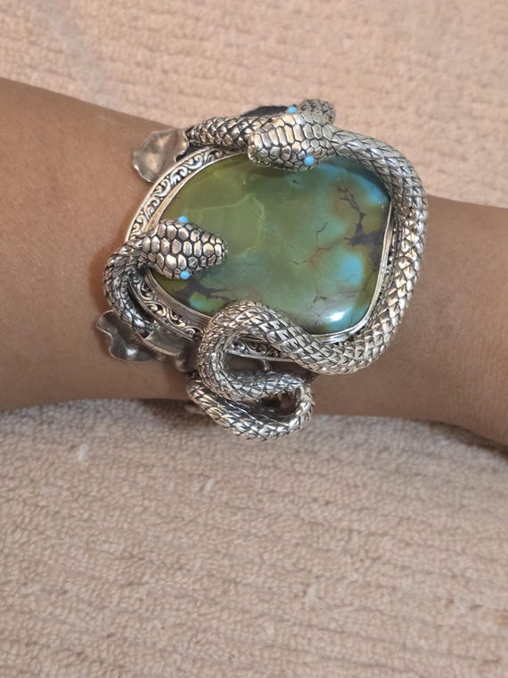 Sterling Silver Two Snake Turquoise Cuff Bracelet… - image 11