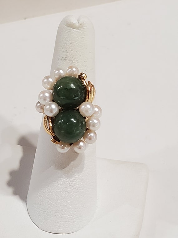 Ming's 14k solid gold white pearl and dark green … - image 1