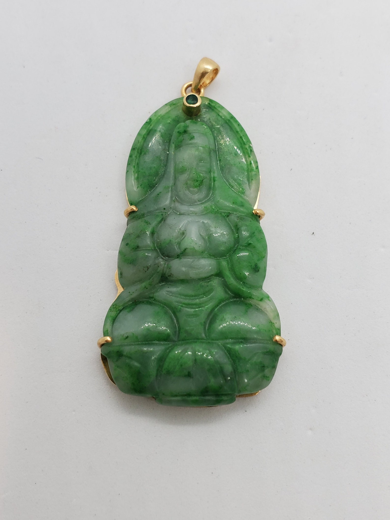 18k solid gold carved quan yin green jade pendant / gift for Etsy