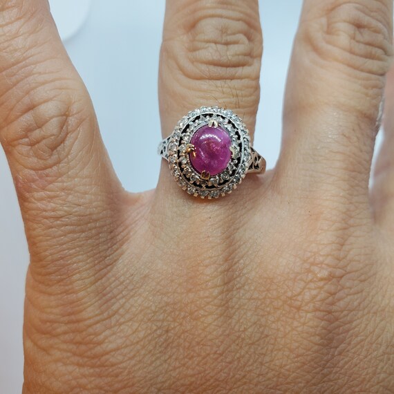 Vintage 14k Gold Star Ruby Cabochon & Diamond Ring - image 4