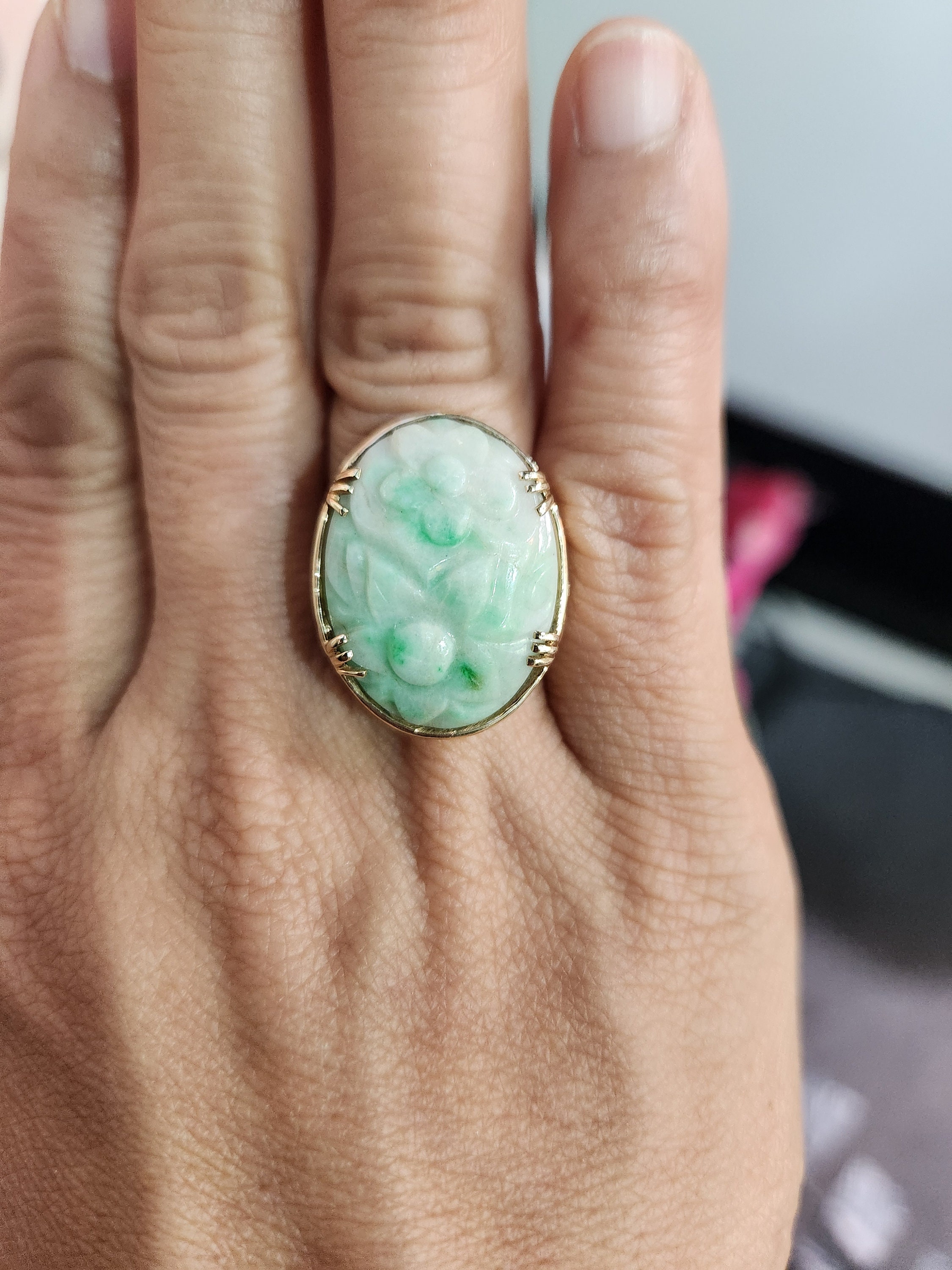 ◎Baby Jade Rings and Coins◎マジック◎手品◎ Ming's 14k Gold Jade Ring: Carved Flower Oval Ring, Size 6 - Etsy