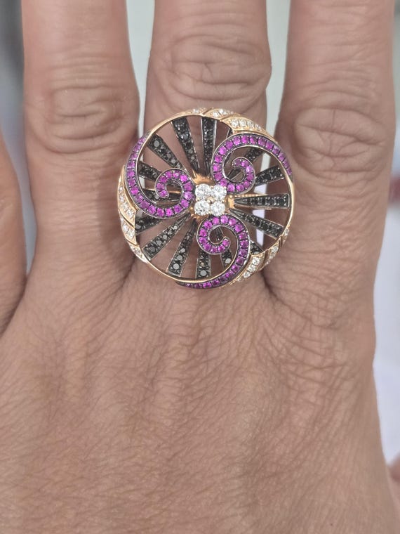 18k Rose Gold Swirl Ring: Ruby, Black & White Dia… - image 16