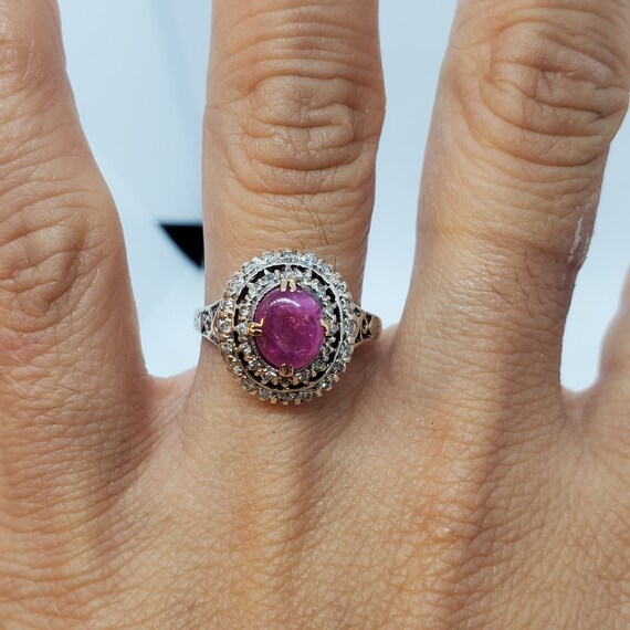 Vintage 14k Gold Star Ruby Cabochon & Diamond Ring - image 3