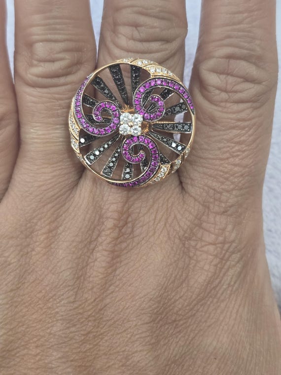 18k Rose Gold Swirl Ring: Ruby, Black & White Dia… - image 15