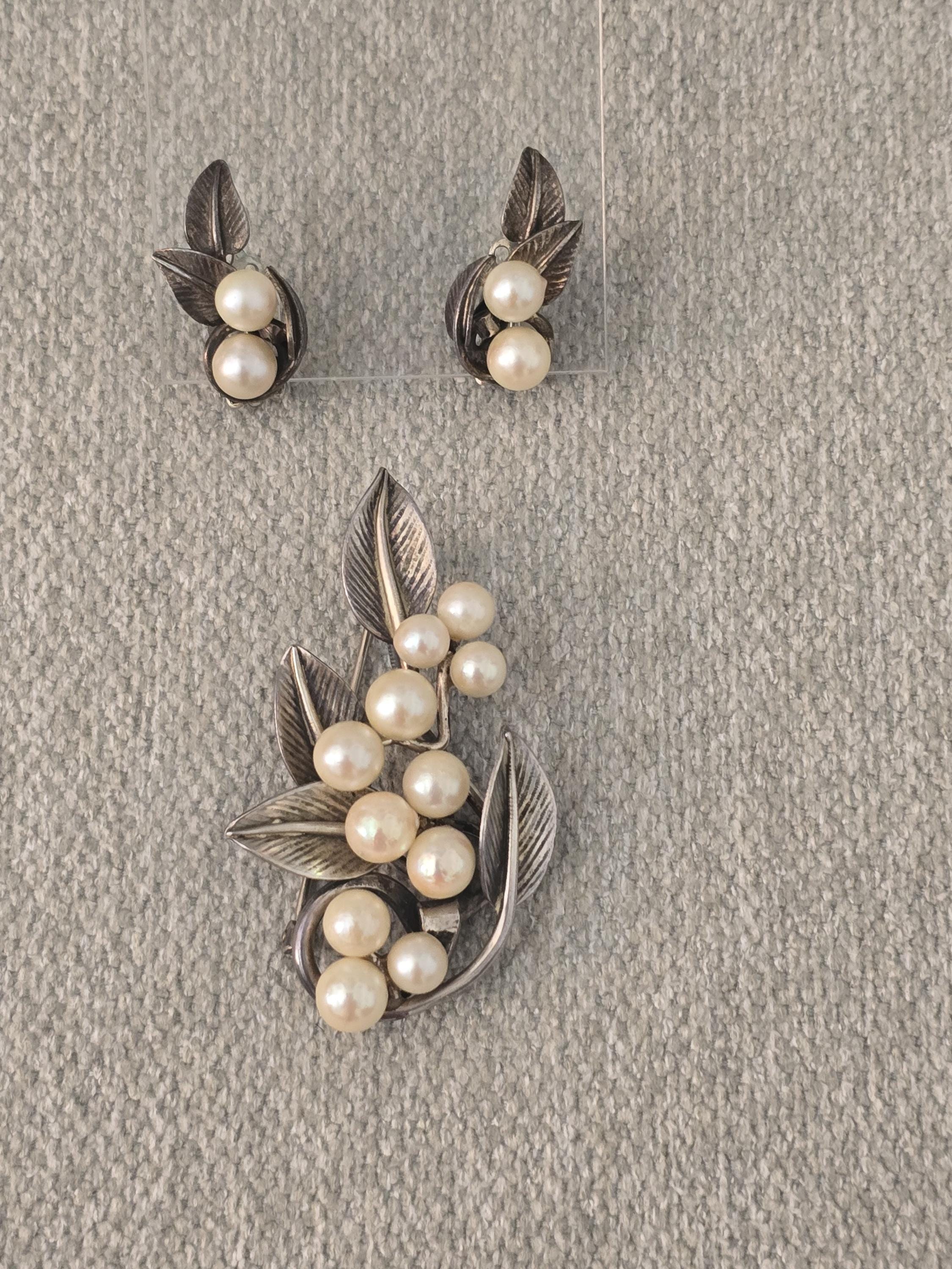 Ming's Sterling Silver Pearl Clip-On Earrings & Pin Set: Vintage Elegance #1