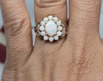 Vintage 14k Yellow Gold Australian Opal & Diamond Ring (Size 5 3/4)