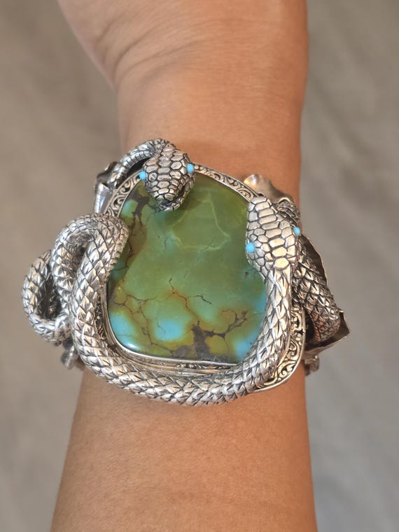 Sterling Silver Two Snake Turquoise Cuff Bracelet… - image 1