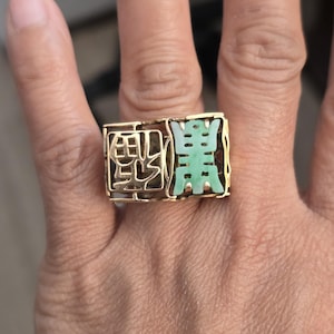 14k solid gold vintage carved jade Chinese longevity symbols unique ring / gift for her