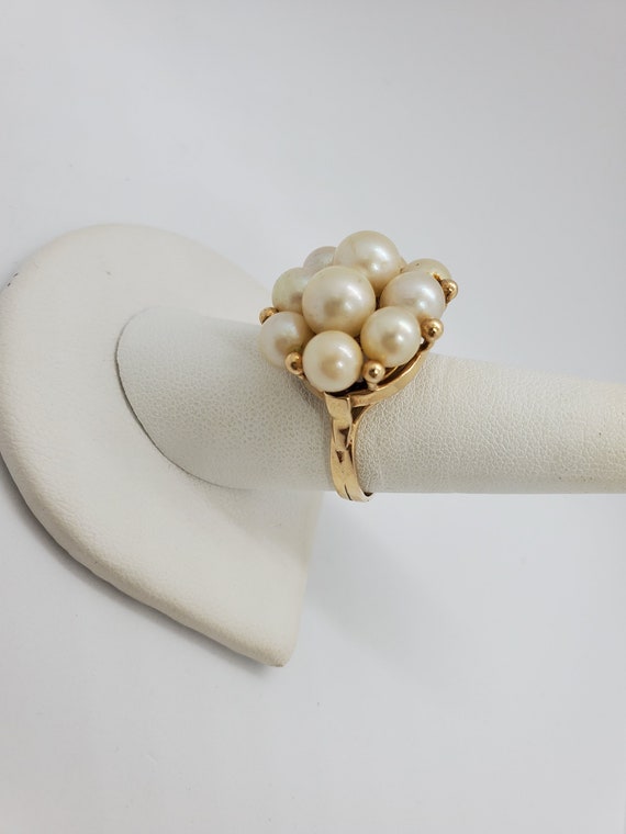 Vintage 14k solid gold cluster pearl ring - image 5