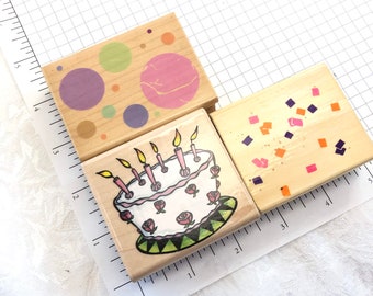 Vintage Birthday Cake rubber stamp CHOOSE ONE Used Bubble Confetti background Wood mounted STamp Destash Art Journal Craft Card making