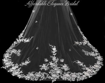 Regal Cathedral Wedding Veil Extra Wide with Beaded 3D Floral Design - Bridal Veil - Free Swatches