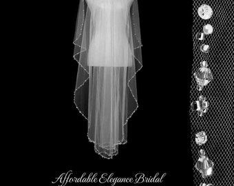 Waltz Length Wedding Veil, Angel Cut Bridal Veil with Crystal and Pearl Beaded Edge- Free Tulle Swatches