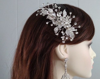 Floral Rhinestone Wedding Hair Clip Bridal Headpiece in Silver