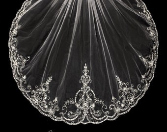 Waltz Length Beaded Silver Embroidery Wedding Veil Bridal Veil,  Beaded Waltz Veil -  Free Tulle Swatches