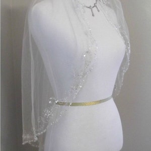 Beaded Silver Embroidery Elbow Length Wedding Veil, Bridal Veil, Free Tulle Swatches