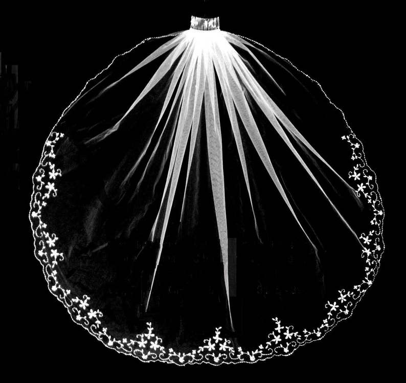 Crystal Beaded Floral Design Fingertip Length Wedding Veil Free Tulle Samples Moscato and more! Ivory Blush