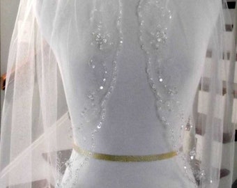 Waltz Length Beaded Silver Embroidery Wedding Veil Bridal Veil,  Beaded Waltz Veil -  Free Tulle Swatches