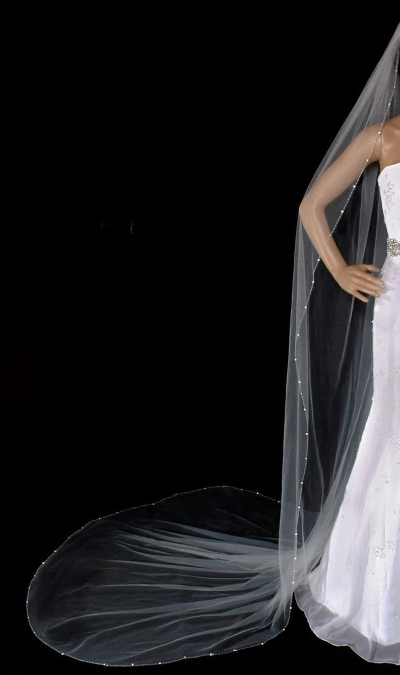 Chapel or Cathedral Wedding Veil Knee Crystal and Clear Bugle Bead Edge Elbow Fingertip Waltz Free Tulle Swatches