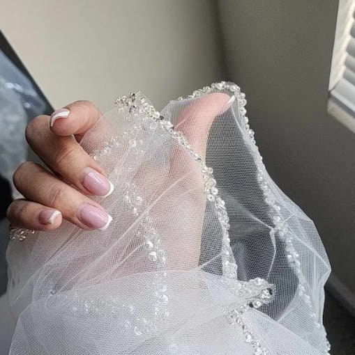 Pearl & Sequin Beaded Wedding Veil: Two-tier Fingertip 
