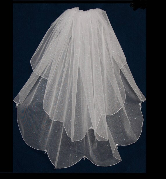 de perles Voile de mariee longueur du coude decore a la main avec de la dentelle deux couche et de cristaux