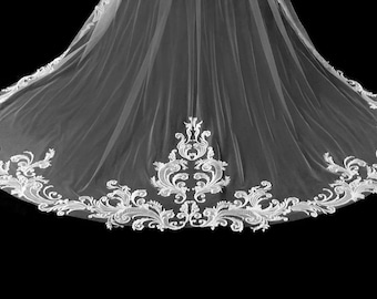 Cathedral Wedding Veil: Extra Wide Scroll Lace, Royal Length, Free Swatch