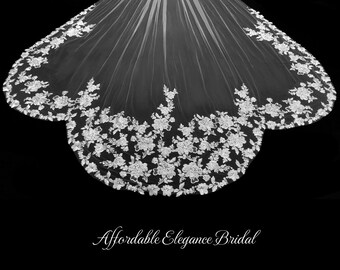 Scallop Royal Cathedral Wedding Veil Extra Wide with Beaded Floral Lace- Bridal Veil - Free Swatches