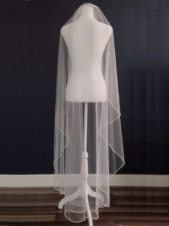 Waltz length angel cut sheer white wedding veil Angel Cut Waltz Wedding Veil: Satin Trim, Bridal Illusion  main image 2