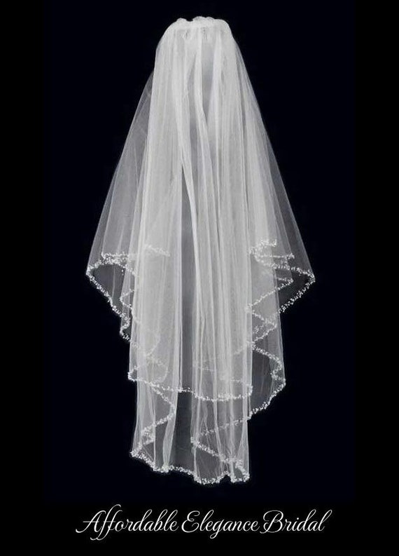 2 Tier Pearl Crystal Beaded Bridal Wedding Veil Fingertip Length Pearl & Sequin Beaded Wedding Veil: Two-tier Fingertip  main image 3
