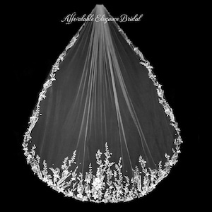 Royal Cathedral or Cathedral Wedding Veil, Extra Wide Floral Vine Lace and Rhinestone Wedding Veil, Bridal Veil, Free Swatches