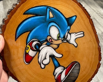 Sonic the Hedgehog Wood Slice Art, Handcrafted Gamer Decor
