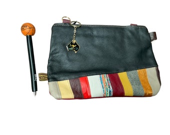 Repurposed vintage leather striped pouch