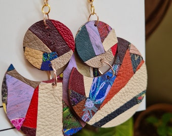 Statement handpainted recycled leather abstract dangle earrings.  Crazy paving round earrings