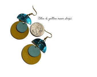 Blue & yellow upcycled leather earrings ‘moon drops’