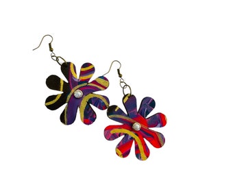 Handpainted upcycled leather, flower shaped, pink swirl dangle statement earrings