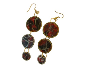 Handpainted upcycled leather abstract circles, dangle statement earrings