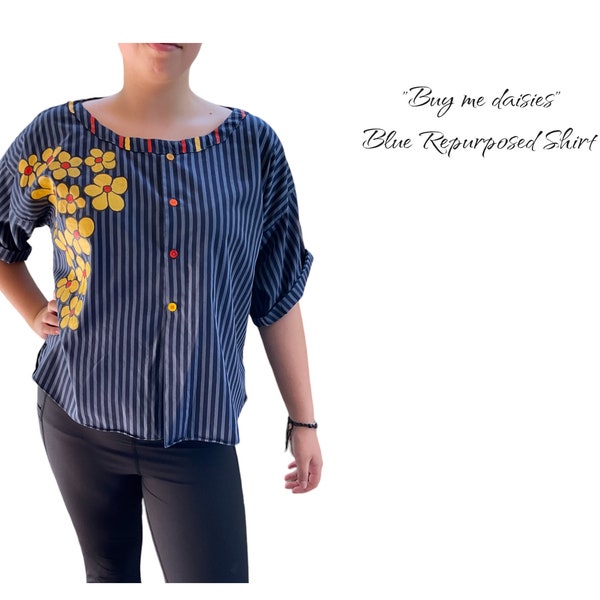 Blue striped top punched with yellow flowers , converted men’s shirt  #repurposed fabric #sustainable #slowfashion