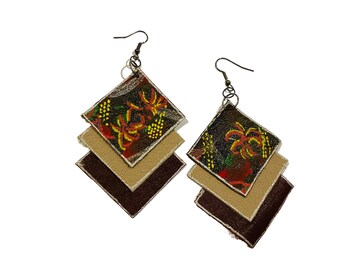 Handpainted upcycled leather abstract triangular shaped, dangle statement earrings