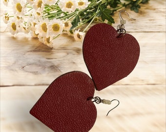 Red leather Heart dangle earrings