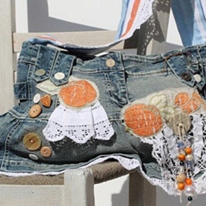 Girly Blue Jeans Purse with Lace and Appliques in Shabby Style, Romantic Upcycled Denim Shoulder Bag, Birthday Gift for Her