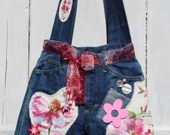 One of a Kind Shoulder Bag with Roses and Funny Legs, Upcycled Romantic Boho Jeans Denim Purse in Indigo Blue Fuchsia Pink