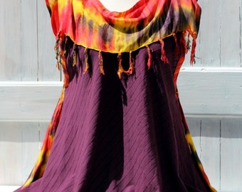 Unique Boho Style Beach Tunique with Fringed Collar, Wide Goa Trance Pixie Top in Purple Rainbow, Upcycled Hippie Style Fashion for Woman