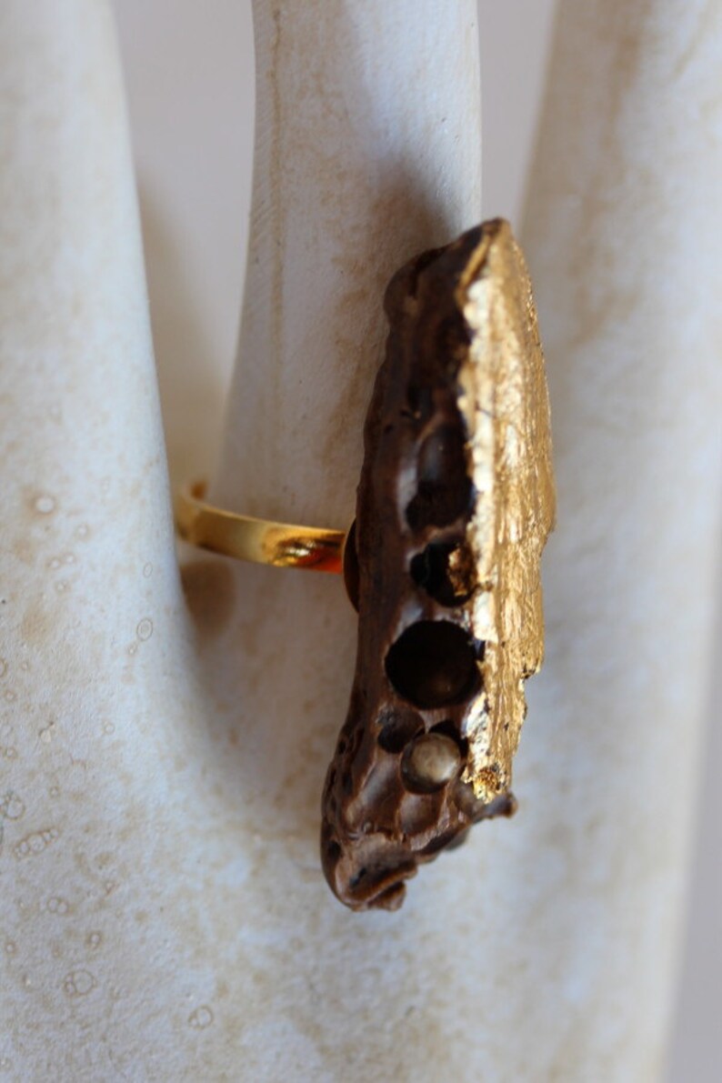 Oro di Mare ring no 225 driftwood brown golden unique gold gilded OOAK handmade art designer wood jewelry