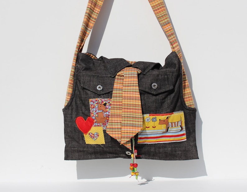 Story Bag Busy Lizzy Artistic One-of-a-kind Upcycled Boho Denim Jeans Shoulder Messenger Purse Grey Black Colorful Unique Gift for Her