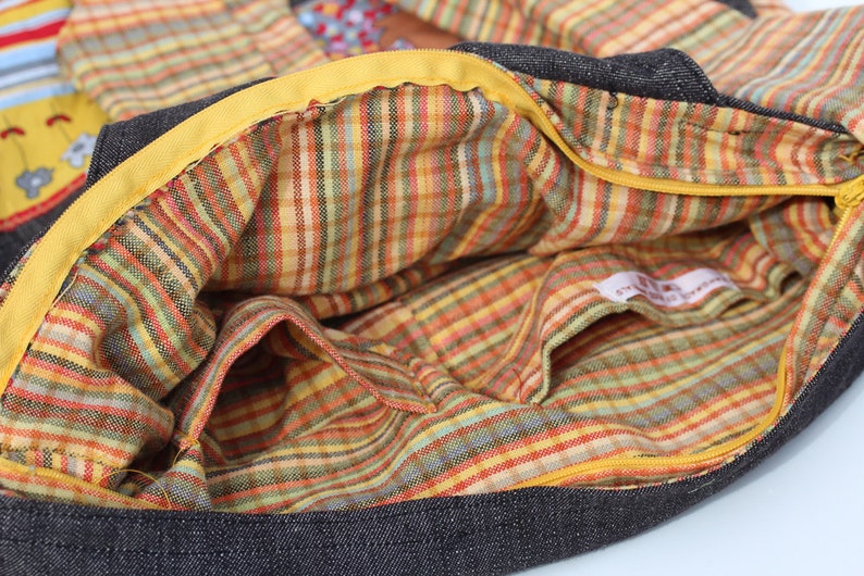 Story Bag Busy Lizzy Artistic One-of-a-kind Upcycled Boho Denim Jeans Shoulder Messenger Purse Grey Black Colorful Unique Gift for Her