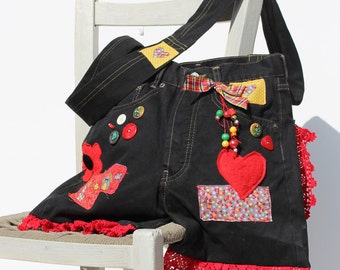 Unique Upcycled Cross Body Purse for Women, Denim Purse with Colorful Applications, Boho Style Shoulder Bag in Black with Bright Red