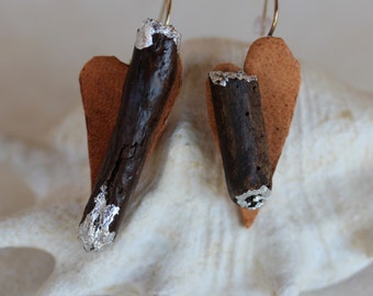 Earrings "Oro di Mare" no. 118 driftwood brown silver leather heart unique gilded OOAK handmade art designer wood jewelry